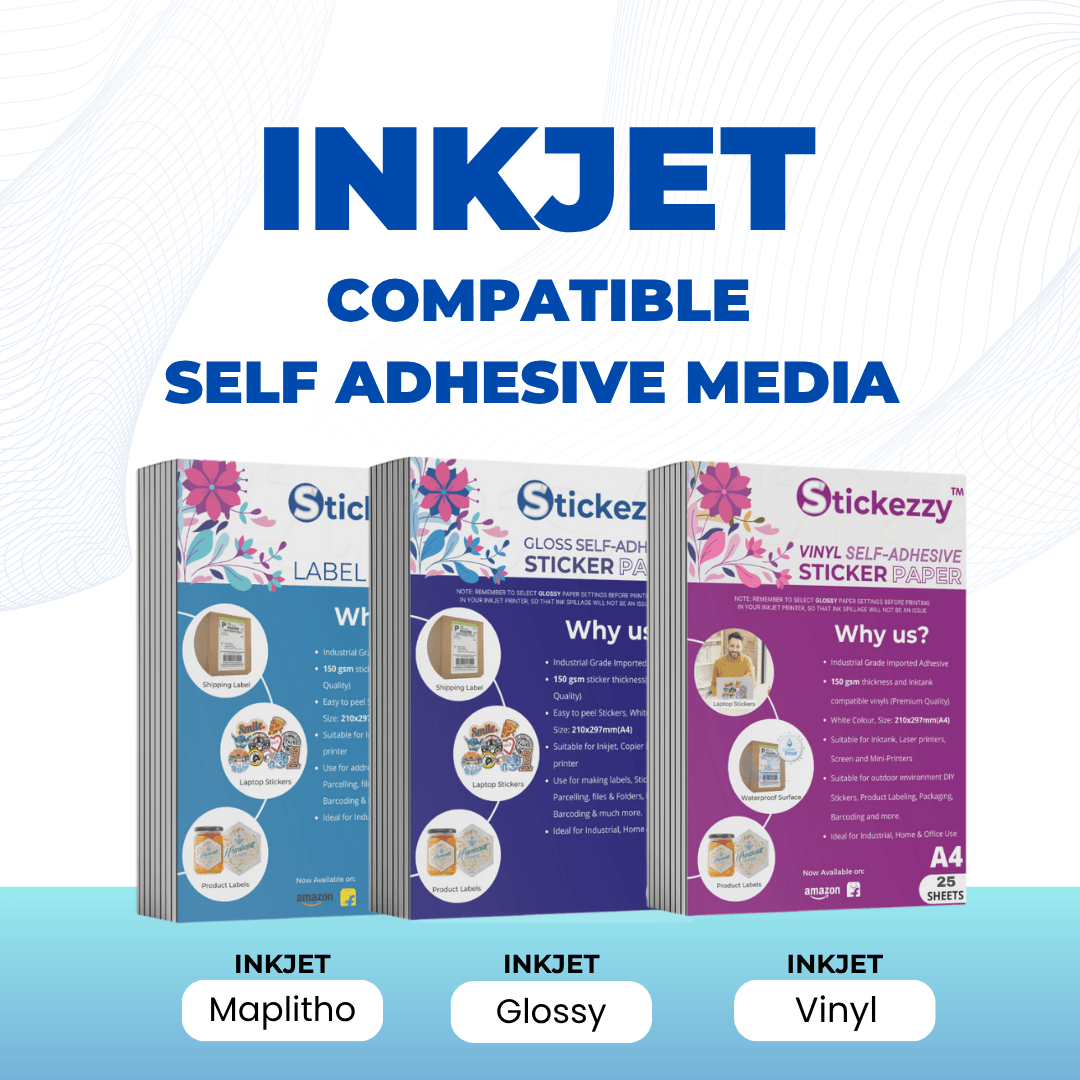 Stickezzy Vinyl+Maplitho+Glossy Sticker paper (25 Sheets each) tryout combo pack for inkjet printing.
