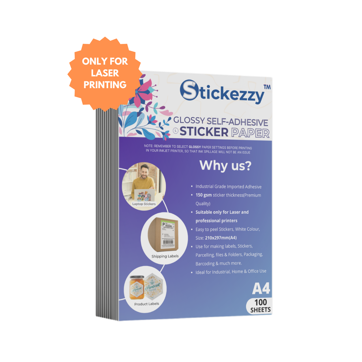 A4 size Glossy Sticker Paper for Laser printing for labels and stickers