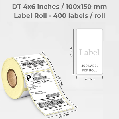 4x6  Direct Thermal label roll top coated for ribbon free printing (400 labels per roll)